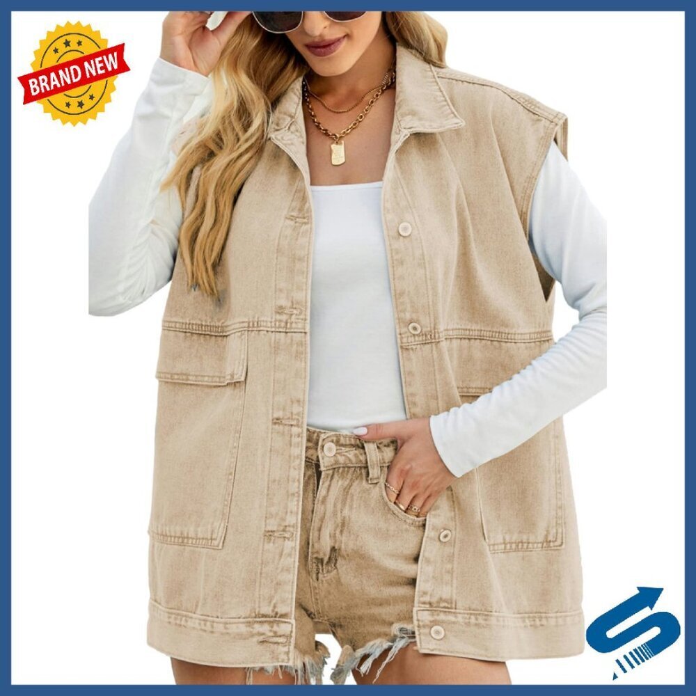 Oversized Denim Vest Button Down Sleeveless Waistcoat Shacket Jacket